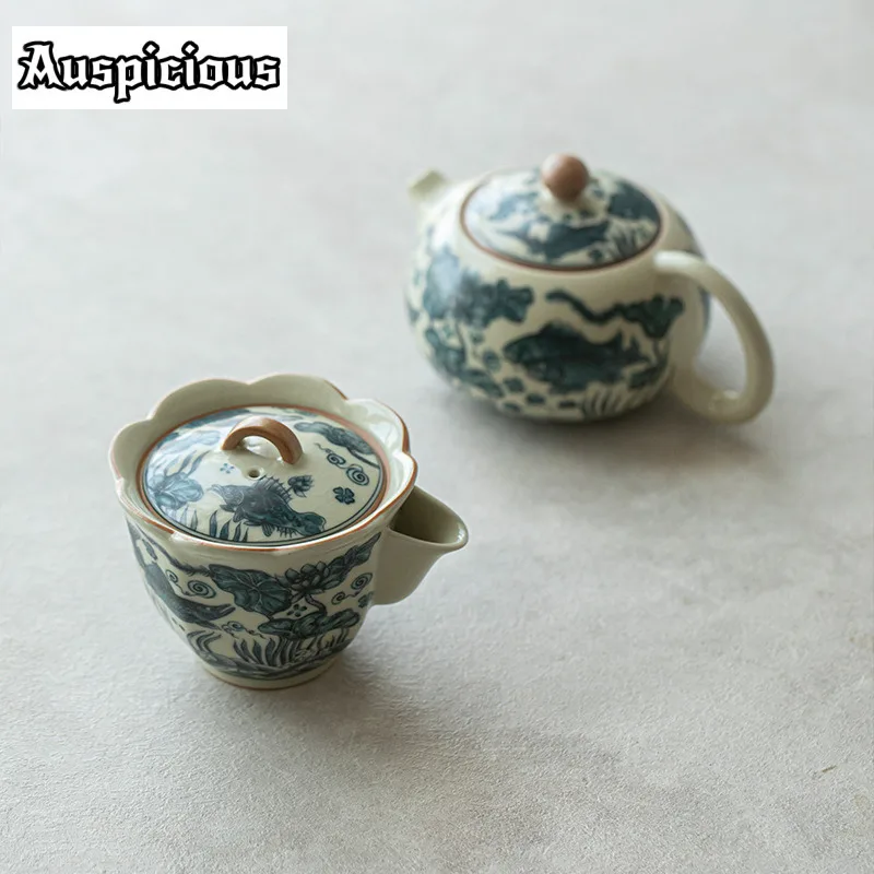 Antique Ru Kiln Hand-grasp Pot Boutque Fish And Algae Patterns Teapot Ceramic Xishi Pot Retro Tea Soaking Kettle Chinese Teaware