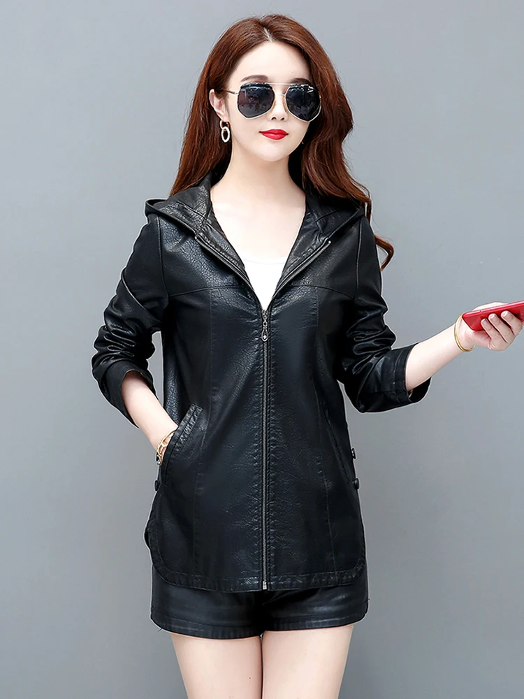 Giacca in vera pelle da donna, modello regular con cappuccio, in pelle di pecora Haifeng, cappotto primaverile autunnale, vestibilità ampia, versione coreana