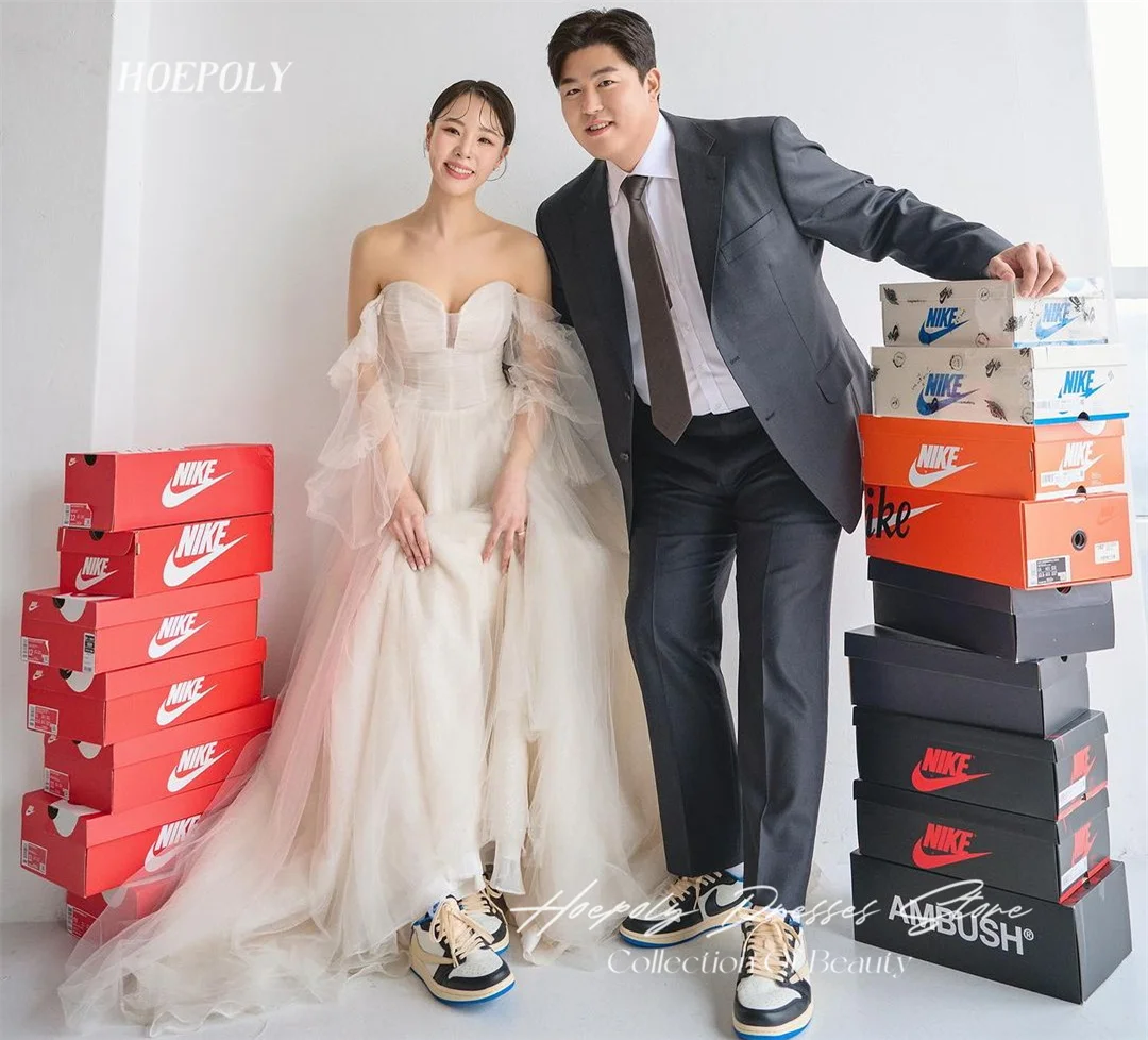 Hoepoly-vestido de novia de línea A de marfil, corsé fruncido hasta el suelo de tul, vestido de boda de Corea