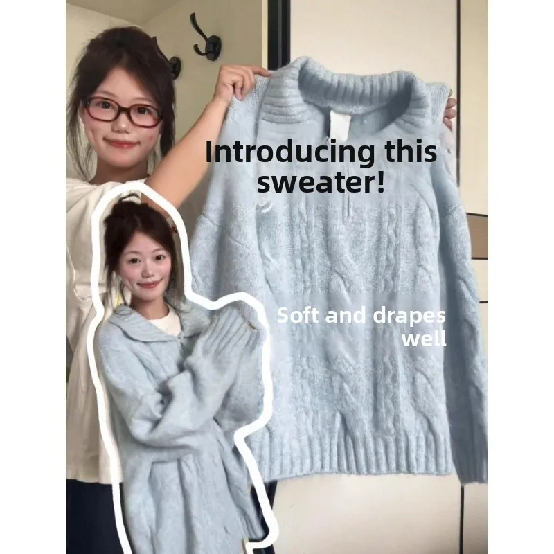 

Свободный вязаный свитер синего цвета с воротником-стойкой, осенне-зимний, повседневный, теплый, удобный, на молнии, модный