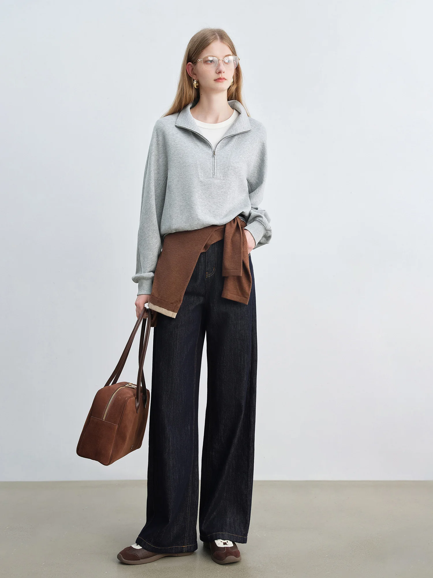 ZIQIAO Petite Women's Tencel Cotton Half-High Collar Raglan Sleeves Half Zip Sweater 2025 Autumn Collection New Item 25ZQ93100
