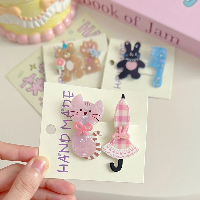 Pinces à cheveux en acrylique, 2 pièces, dessin animé chat ours lapin, Animal doux et mignon, frange latérale pour filles et femmes, accessoire de couvre-chef