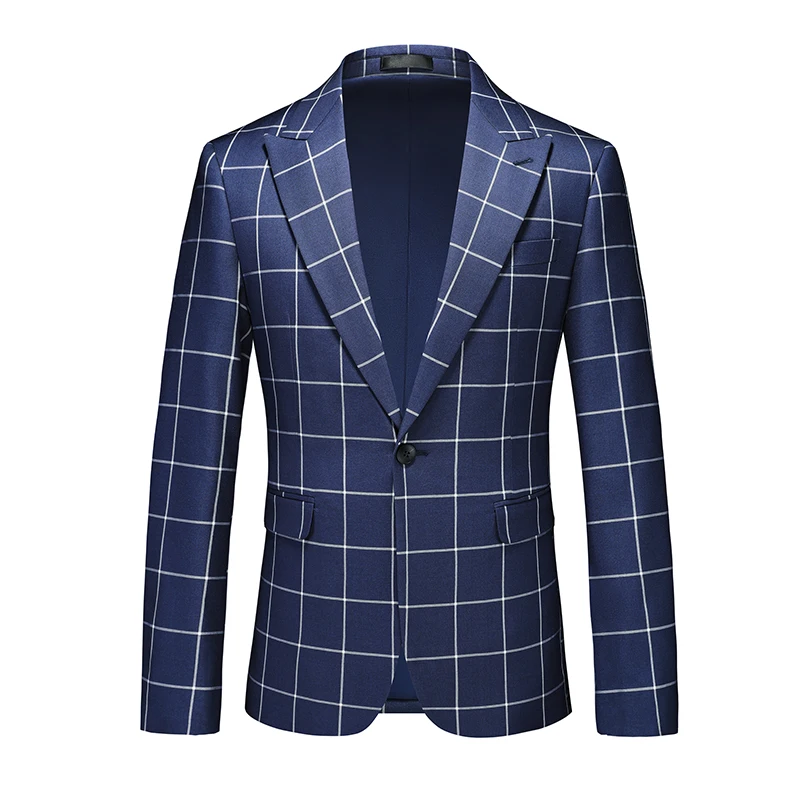 Fashion Simple Men Formal Business Social Plaid Suit Black / Blue Male Wedding Prom Party Single Breasted Tuxedo Dress Blazer