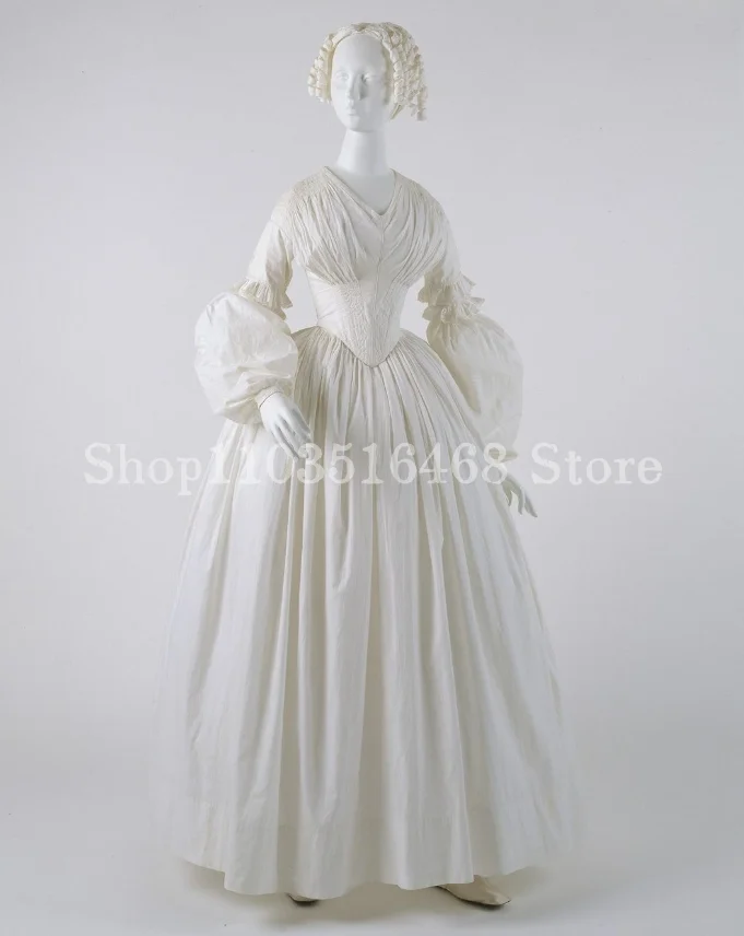 1880s Vintage Victorian Prom Evening Dress Ivory Bubble Long Sleeve Corset Corset Taffeta Renaissance Masquerade فساتين سهرات