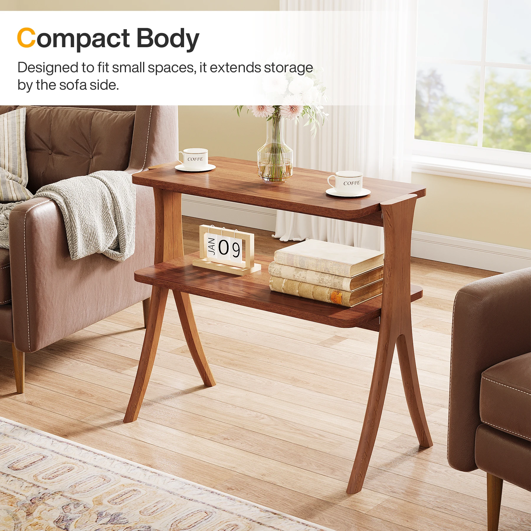 Tribesigns Walnut Side Table for Living Room, Narrow End Table with 2-Tier Storage Shelf and Solid Wood Legs, Slim Bedside Table image 5
