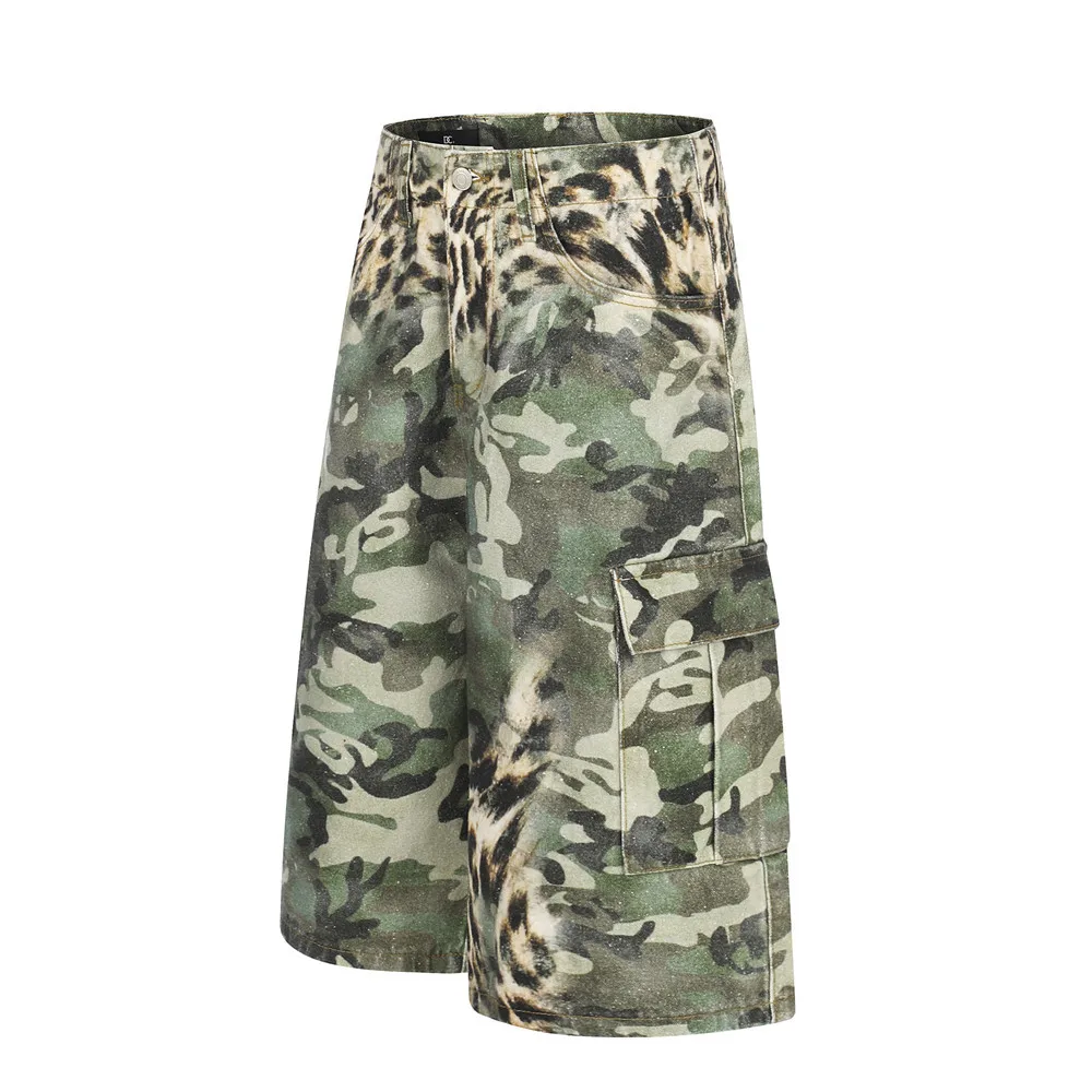 MWJLPWQ Leopard Print Camouflage Printed Men's Summer Cargo Shorts American Trendy Loose Wide-Leg Multi-Pocket Pants Chic 17154