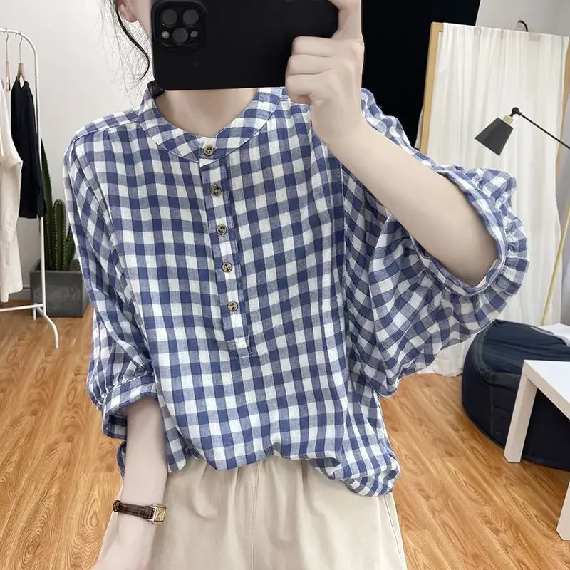 

Vintage Classic Plaid Print Shirt Simple Casual Street Half Sleeve Blouse Female Round Neck Loose Cotton Linen Tops XT1044