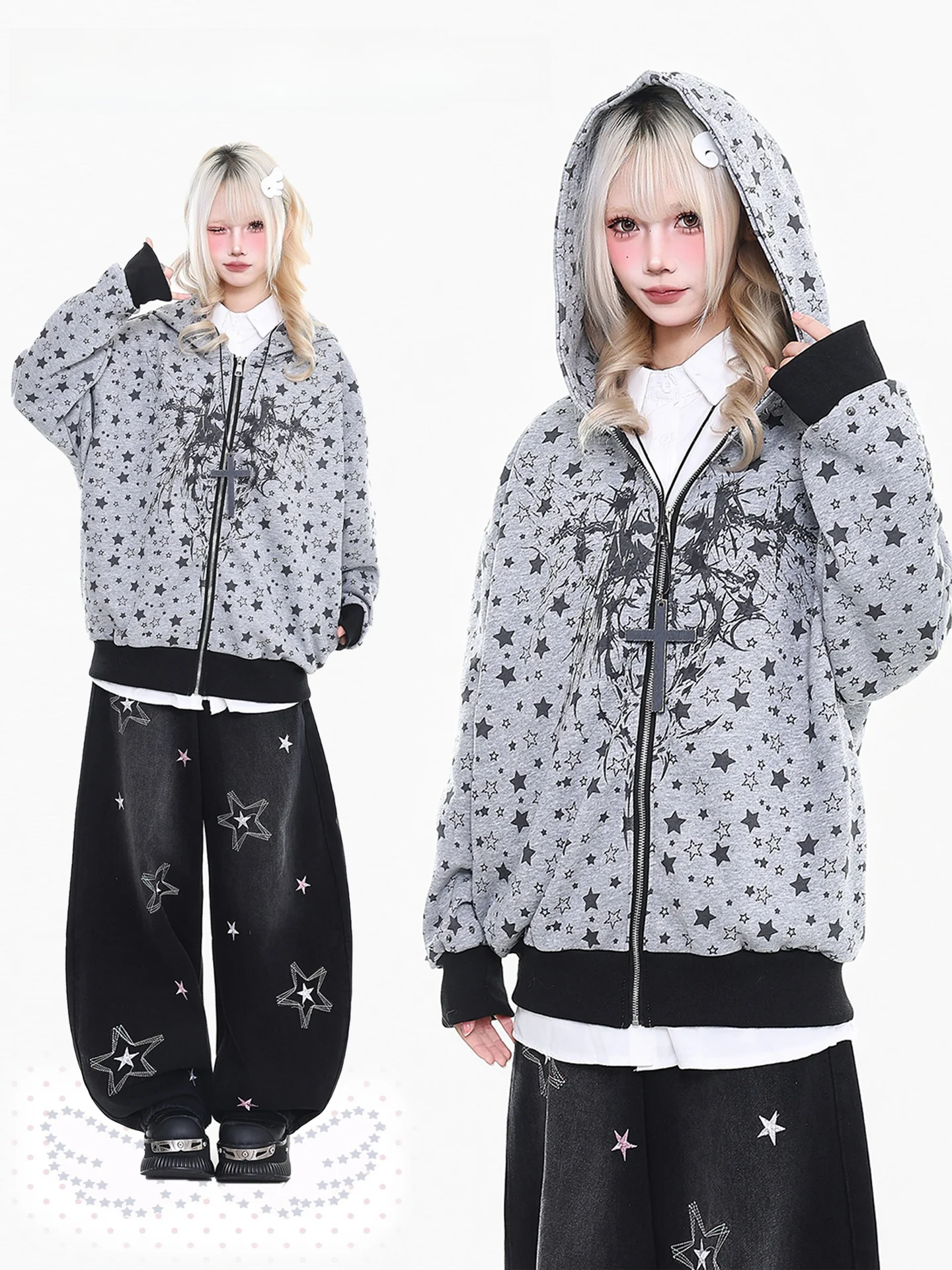

Orange Marmalade fiti Five-Pointed Star Pattern Hoodie Women's Loose Fit Spring New Sle Slimming Outerwear Casual Wear