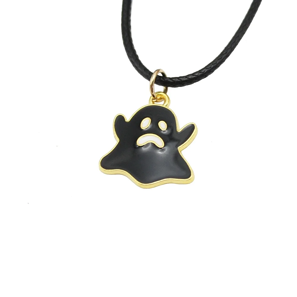 Trend Enamel Ghost Witch Short Pendant Choker Chain Necklace for Women Black Leather Wax Cord Halloween DIY Jewelry Accessories