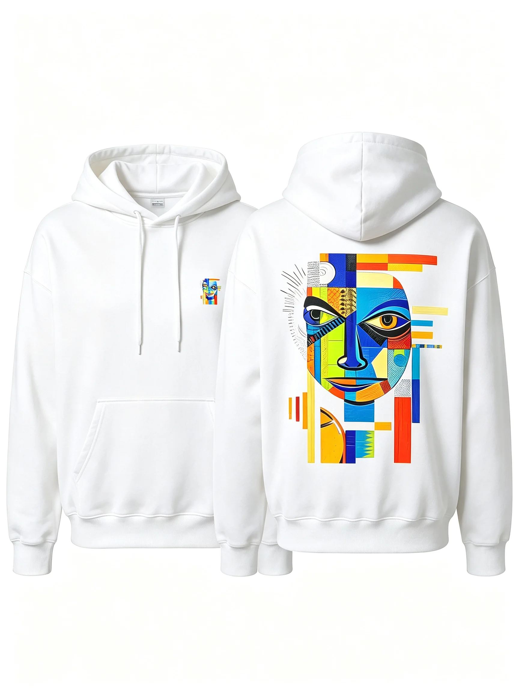Men's hooded cubic abstract facial pattern print pullover, Picasso-style artistic streetwear, fall/winter top