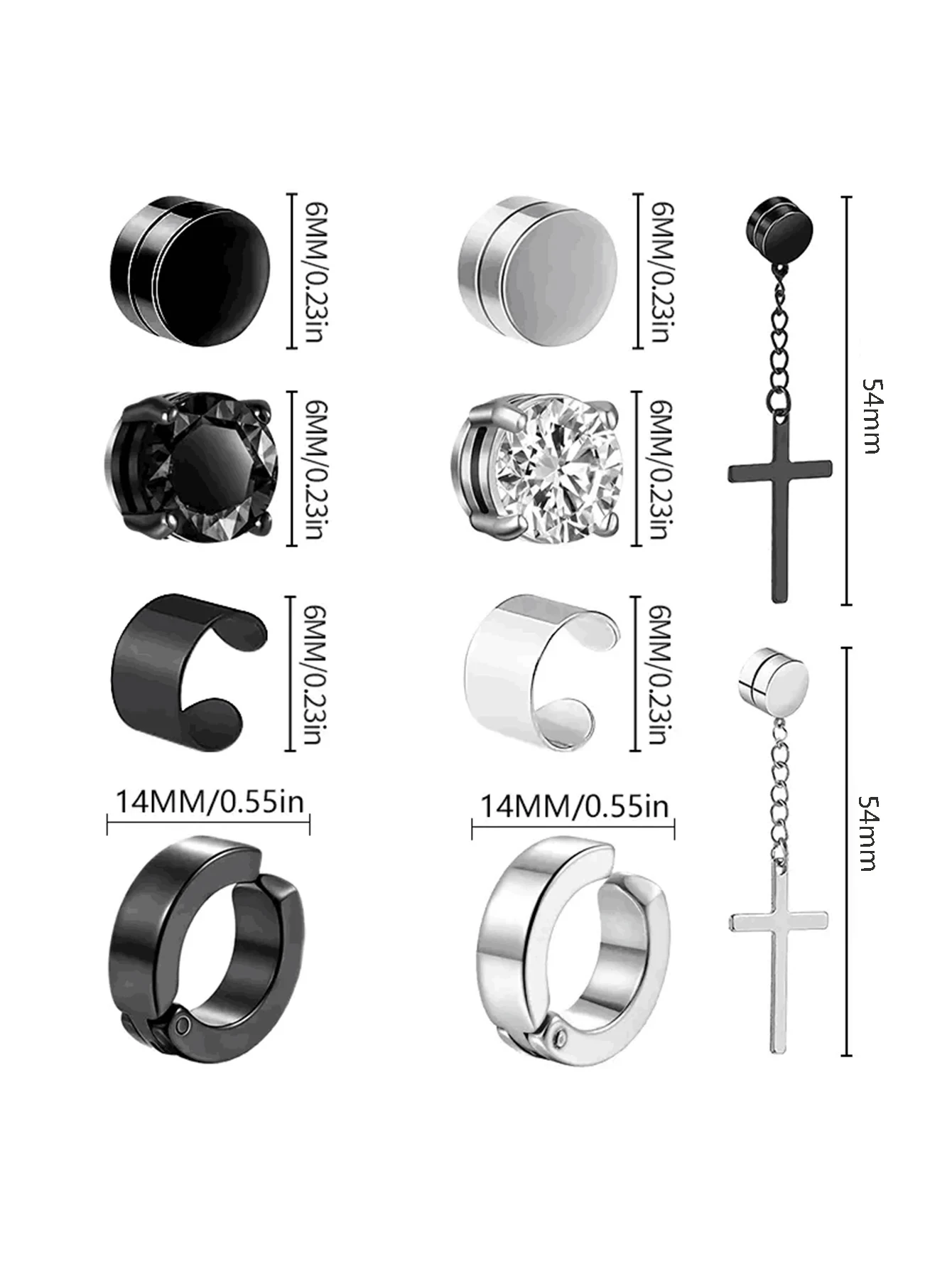 1 Pairs of Men\'s Fashionable Ear Hole Free Magnet Zircon Stainless Steel False Earring Set Unisex Non Piercing Clip Earrings