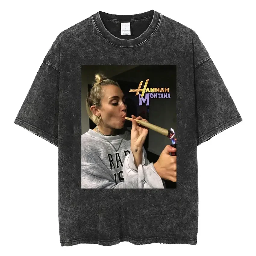 Mens Clothes Tee Shirt Washed Graphic T-Shirts Men Tshirt for Men Ropa Hombre Miley Cyrus Hannah Montana Logo Short Sleeved image 5