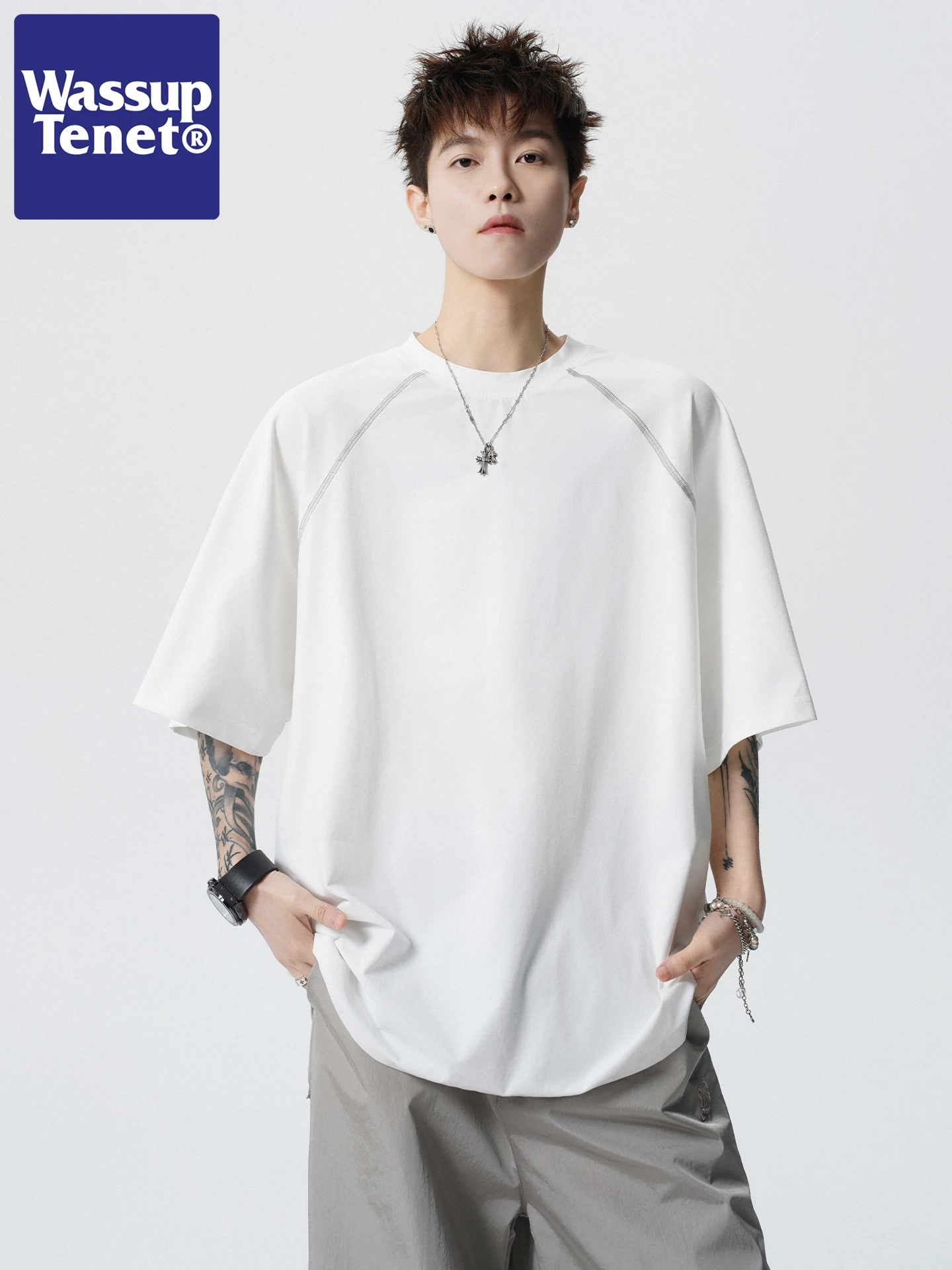 Wassup Tenet Men's Sporty Short Sleeve T-Shirt Breathable Quick Dry Cycling Top American Hassel Line Mesh Summer Casual Wear