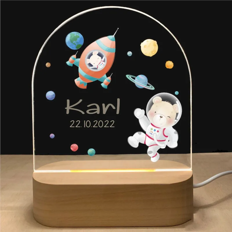 Imagem -05 - Personalizado Baby Night Light Usb Wood Base Lamp Nome Personalizado Lâmpada 3d para Crianças Mesa de Quarto Presente Animal