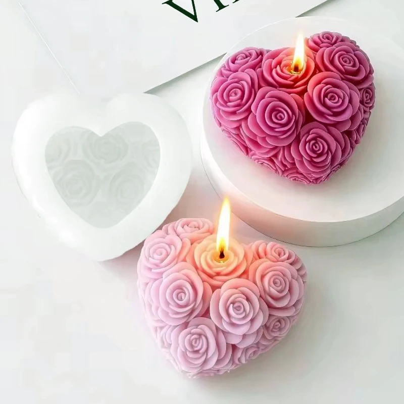 Molde de silicona con forma de vela de amor y flor de rosa en relieve 3D, molde artesanal de arcilla y yeso con forma de corazón para manualidades, molde para hornear pasteles de Chocolate para el Día de San Valentín
