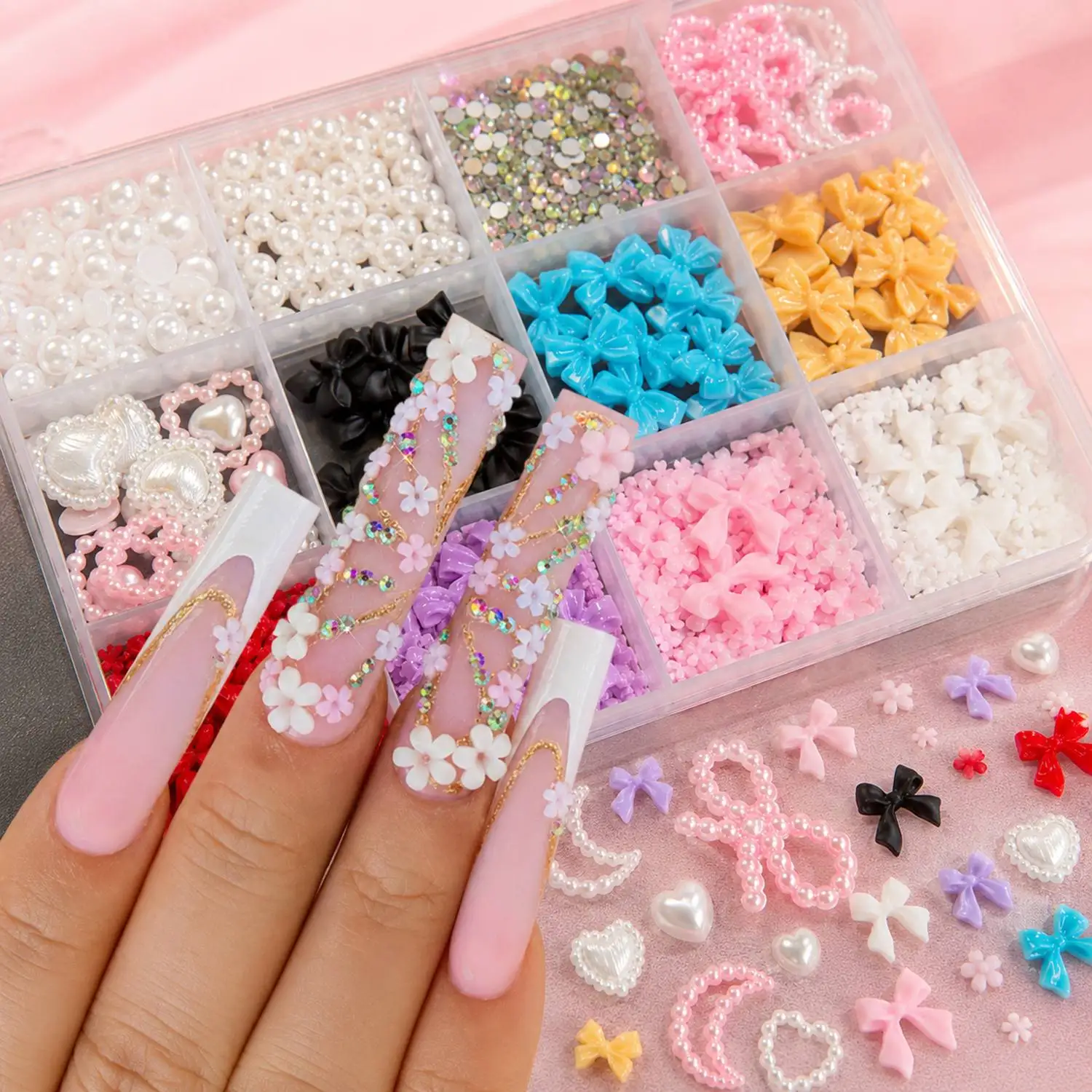 12Grids/Box 3D Relief Pearl Bow Nail Charms White Pearl Accents Bow Nail Art Decoration Elegant Party Style Bow Nail Supplies