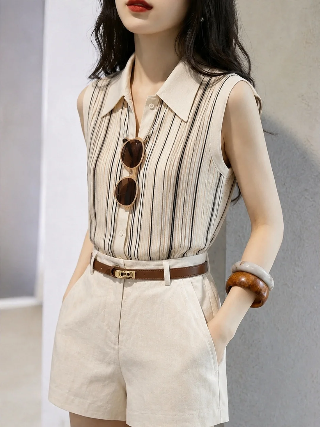 Fashionable Neck Ice Silk Knitted Vest Striped Sleeveless Top for Women Elegant Unique Design Summer 2026 Korean Style
