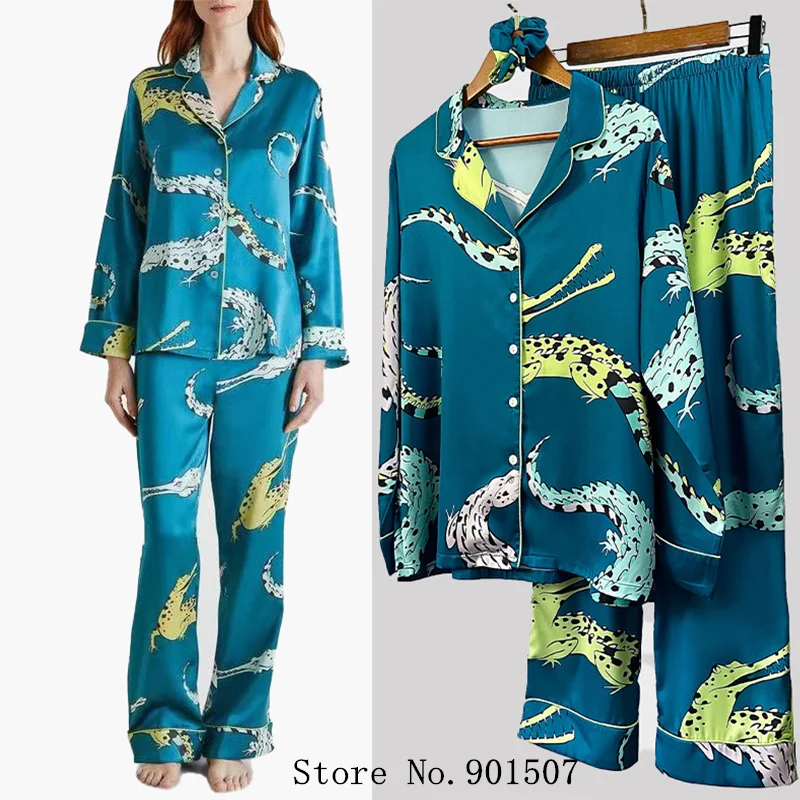 Print Pajamas Luxury Satin Loungewear Long Sleeve Sleepwear Women\'s Homewear Summer New Pyjamas Suit Casual Nightwear