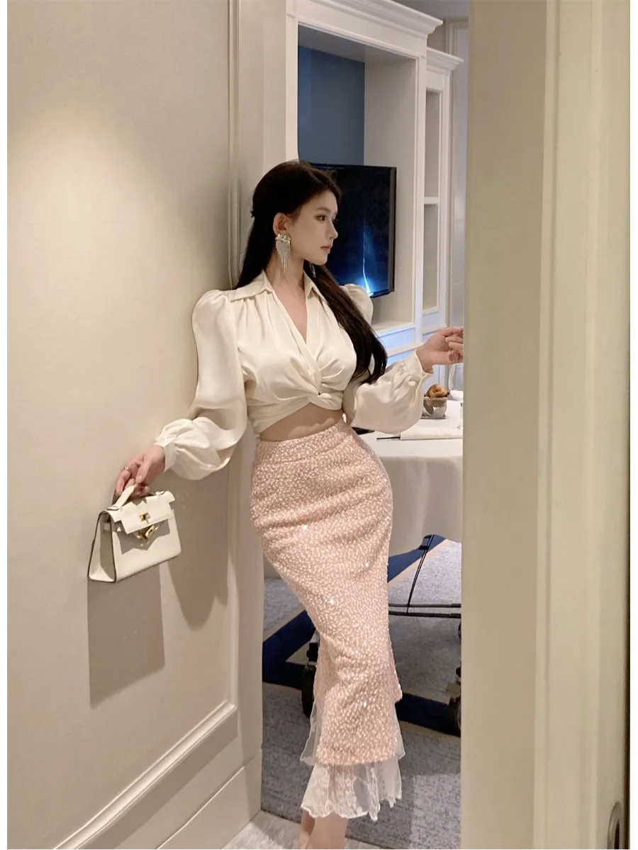 

Винтажная шикарная розовая облегающая юбка-русалка с блестками и высокой талией, кружевная лоскутная юбка-миди с разрезом сзади, новые зимние офисные наряды