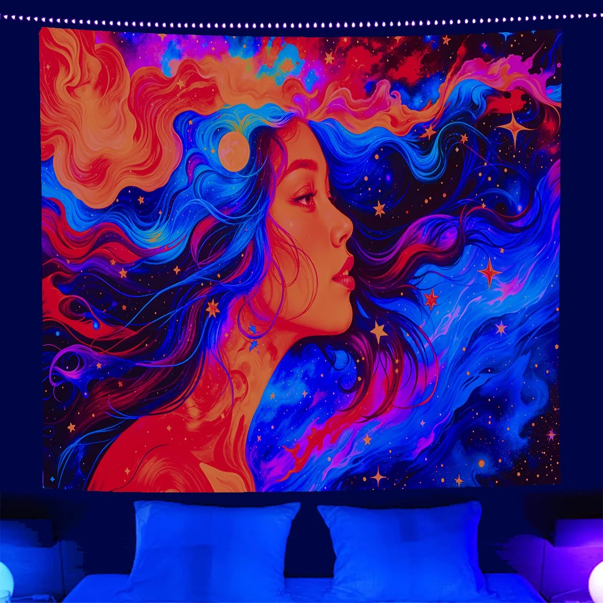 

UV Reactive Trippy Girl Galaxy Tapestry 2D Flat Printed Blacklight Peach Skin Wall Hanging Fluorescent Bedroom Dorm Room Decor