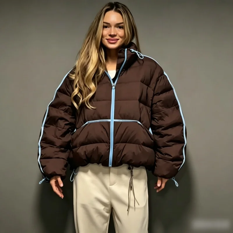 Short Puffer Jacket Women Stand Colla Contrast Piping Drawstring Hem Oversized Loose Fit Warm Coat Casual Daily Ladies Outerwear