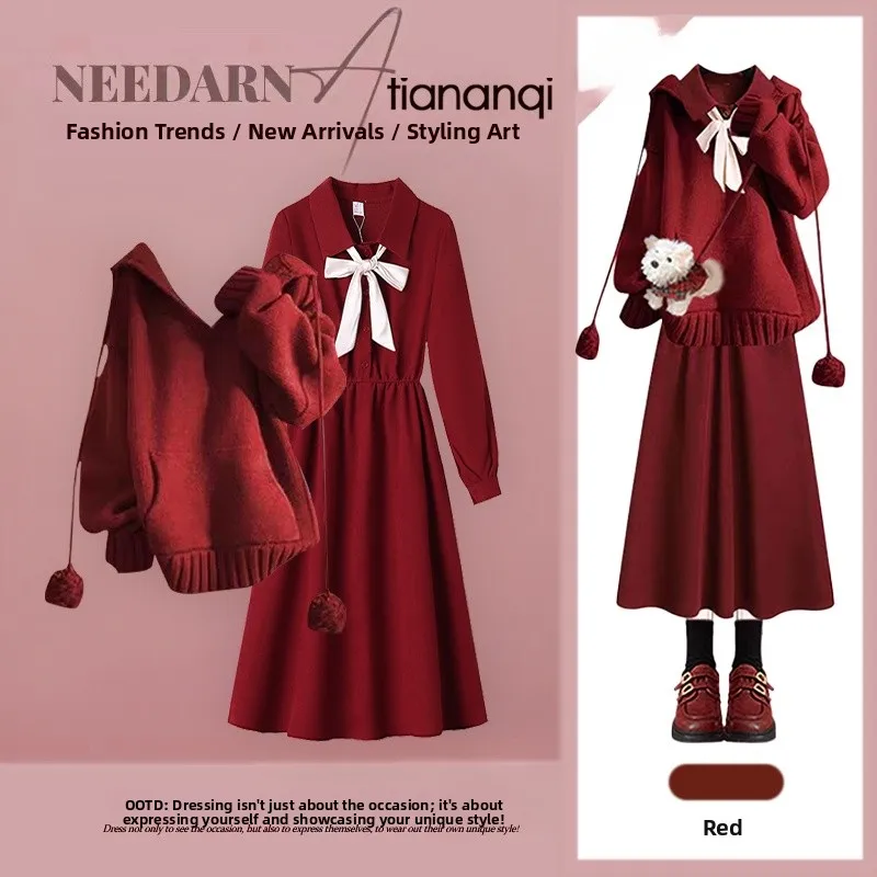 

Ele Knitted Sweater And Dr Set for Women with Bow Tie Two-Piece Autumn Faion Ensemble Age-Defng Red Color