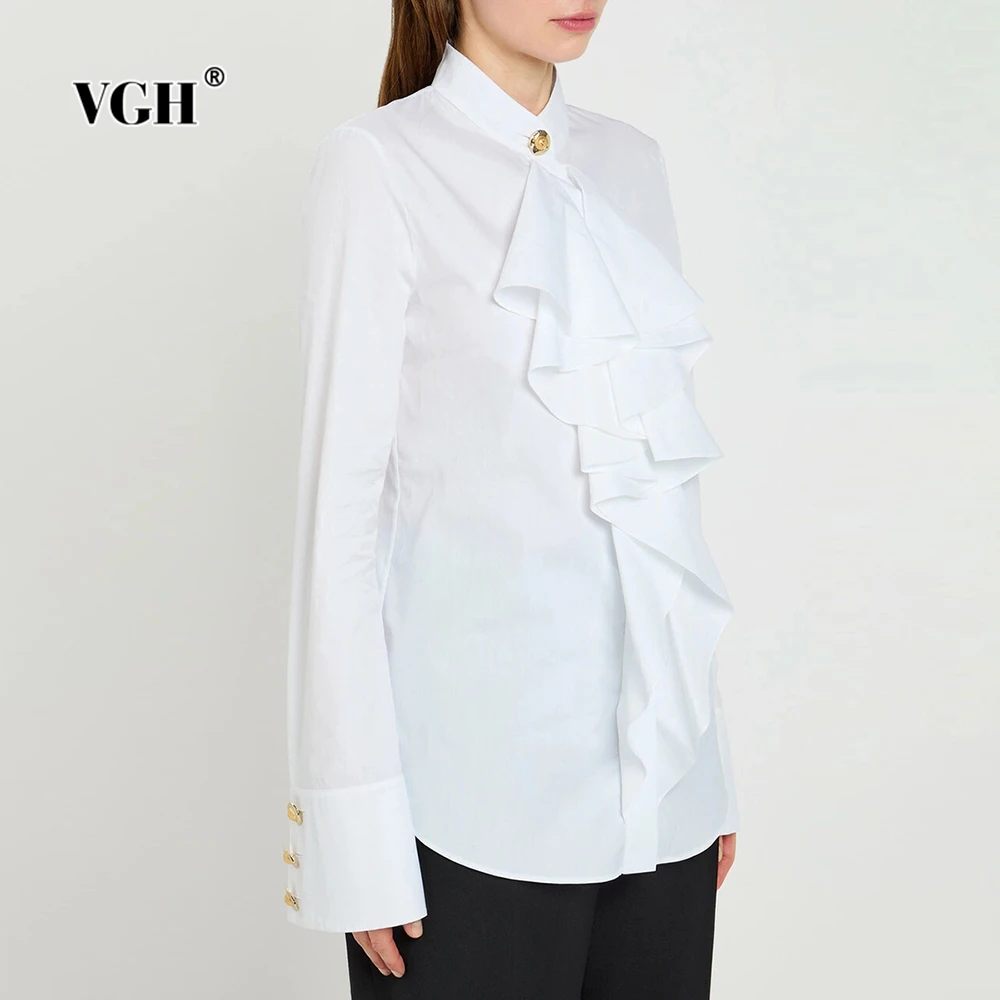 

VGH French Retro Office Style Blouse for Women Stand Collar Long Sleeve Spliced Ruffles Folds Temperament Shirt Female Autumn