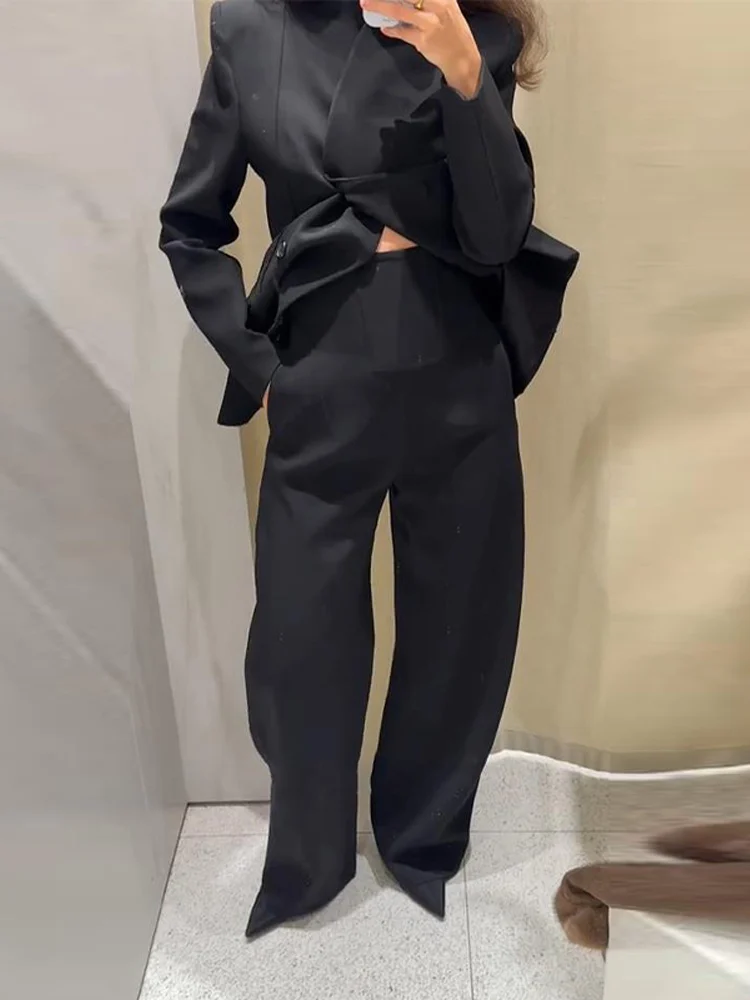 Ležérní sako s stojáčkem, dámský oblek, plný rukáv, knoflíky, pas, bundy s vysokým pasem, kalhoty na zip, volné kalhoty, obleky 2025 - náhled 4