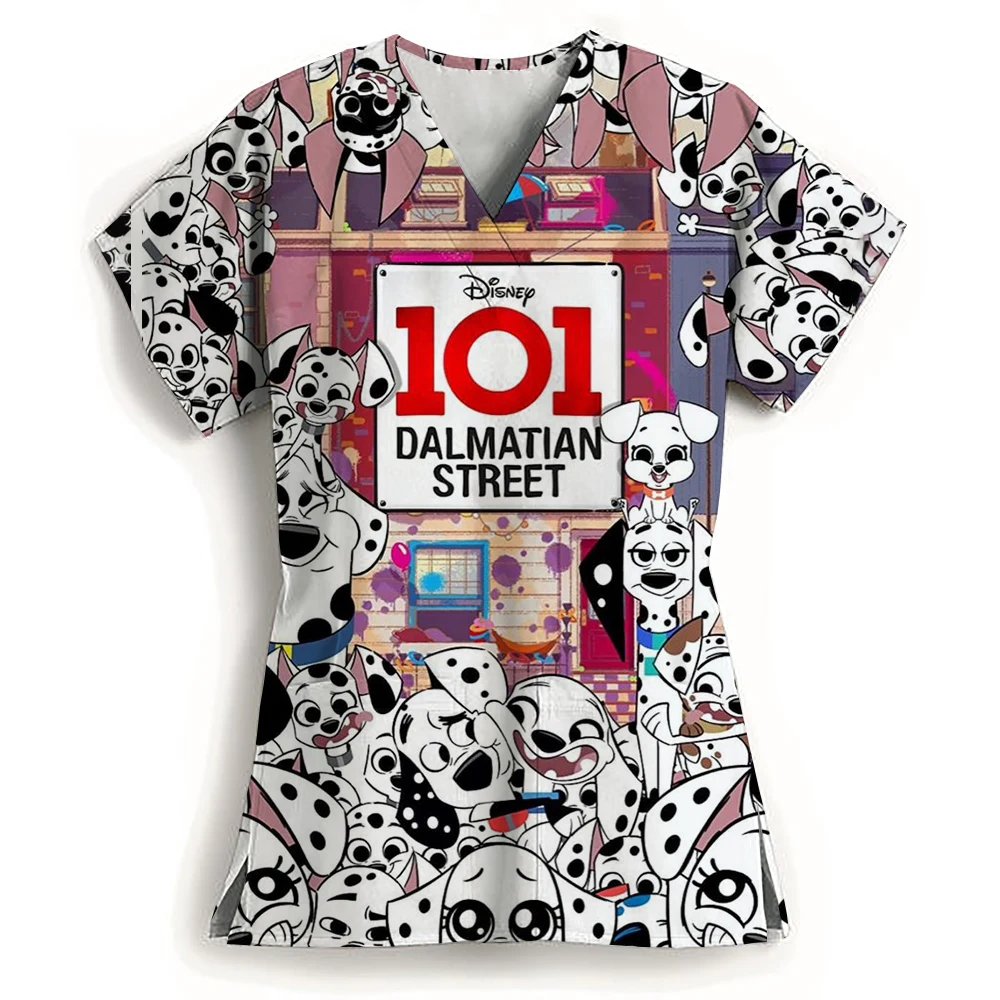 Miniso Women's Short sleeved V-neck Disney 101 Dalmatian Printed Care Work Shirt Pocket Imitation Hospital Care Uniform Accessor