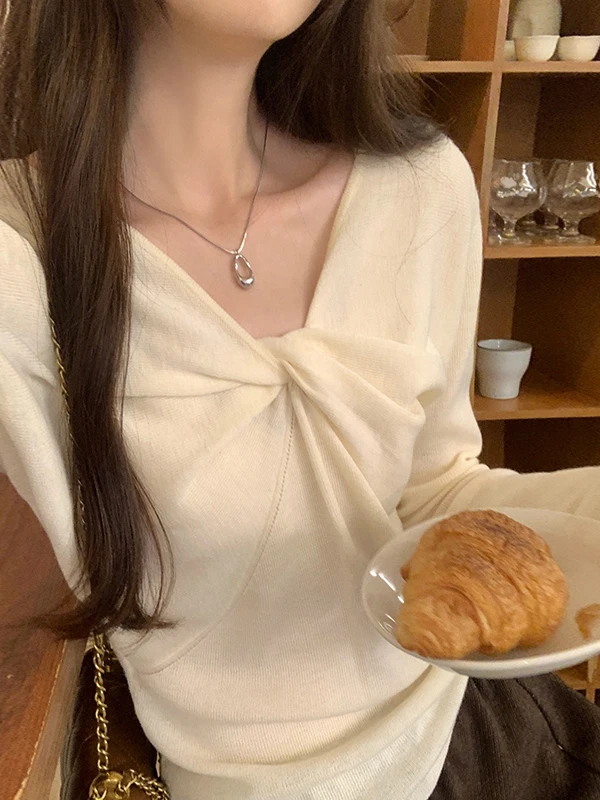 

Трикотажный свитер с V-образным вырезом и узлом, облегающий, из мягкой хлопковой смеси, с длинными рукавами, для девочек, модный осенне-зимний топ