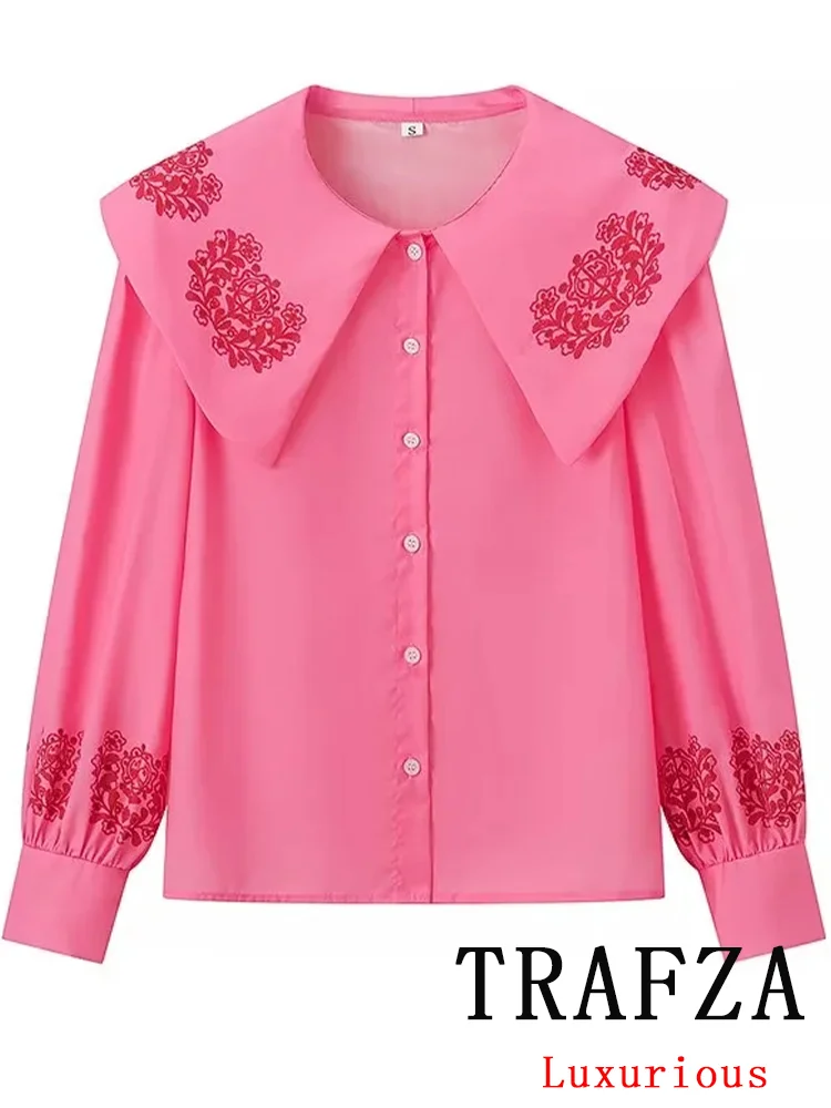 TRAFZA Vintage Chic Embroidery Women Blouse Long Sleeve Peter Pan Collar Single Breasted  Blouse Fashion 2024 Summer Shirt