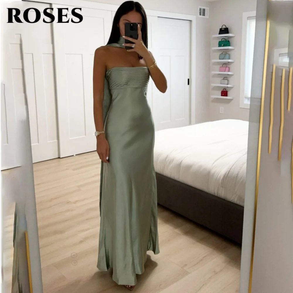 Vestidos de fiesta de estilo moderno y elegante de rosas, vestido de noche sin tirantes con hombros descubiertos, vestido Formal hasta el suelo sin mangas de satén personalizado