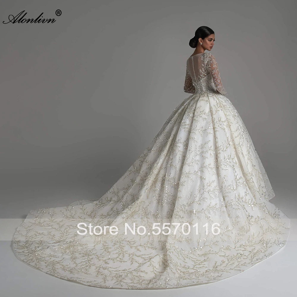 Alonlivn Customize  Beading Embroidery Lace Ball Gown Wedding Dress Vestido De Noiva Elegant O-Neck Full Sleeves Bridal Skirts