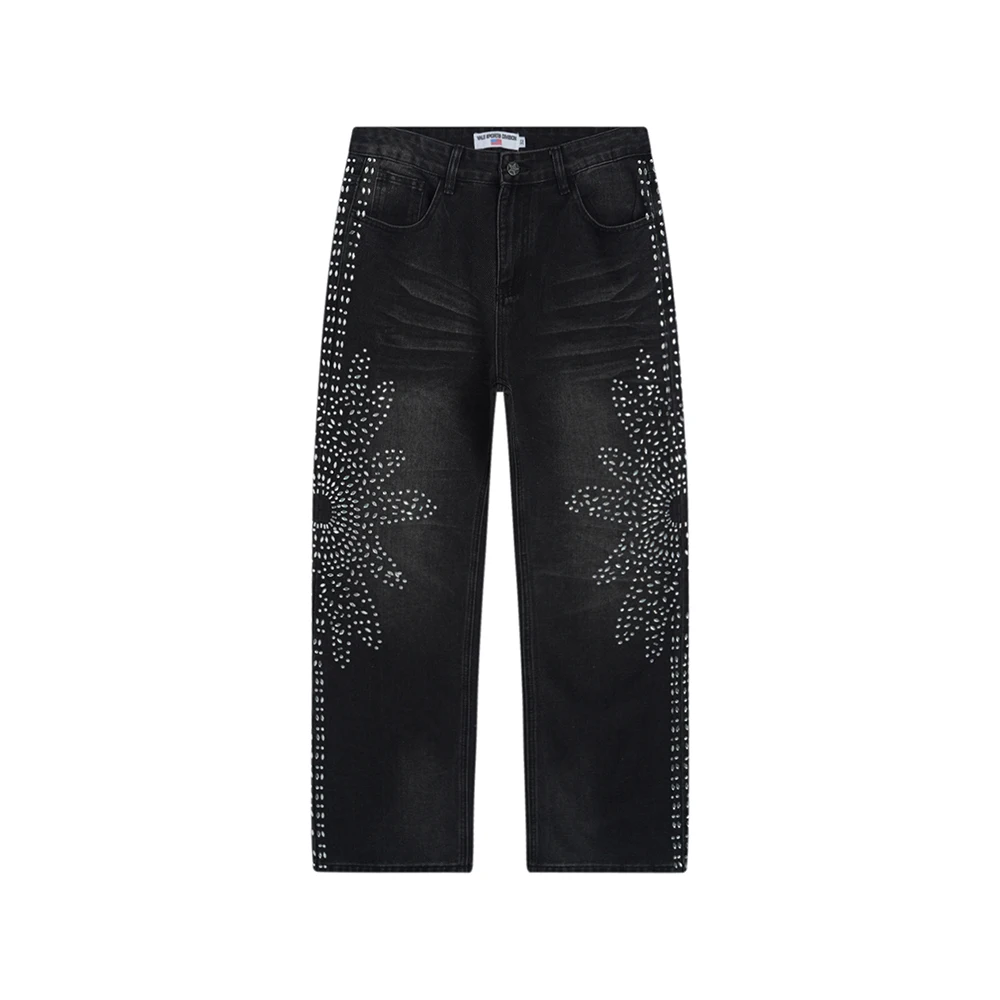 

Full Diamond Shinning Washed Blue Baggy Jeans Vintage Streetwear Brilliant Rhinestone Loose Cotton Denim Trousers Oversized