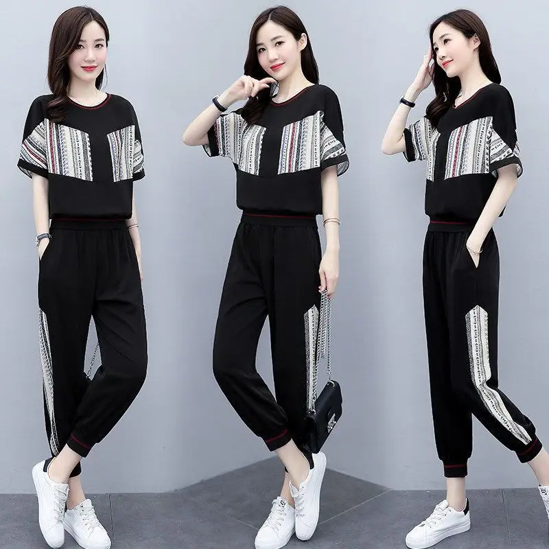 Women\'s Tracksuit Spring Summer New Casual Fashion Korean Clothes Short Sleeve Tops And Pants Two Peice Set For Women Sweat Suit