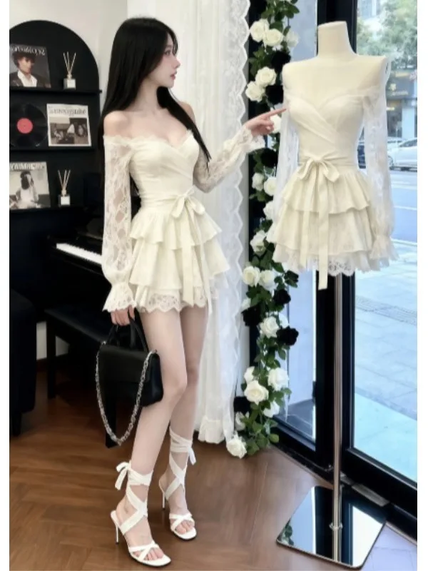 

French Sle Gathered Waist Puffy Skirt One oulder Dr Soft Breeze Long Sve Lace Dr for Various Ocns