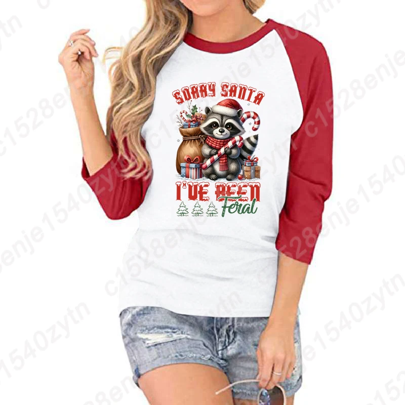 

Christmas Racoon Sorry Santa I've Been Feral Graphic Three Quarter Sleeve Shirt Women Seven Sleeves Shirt Round Neck Summer Tops