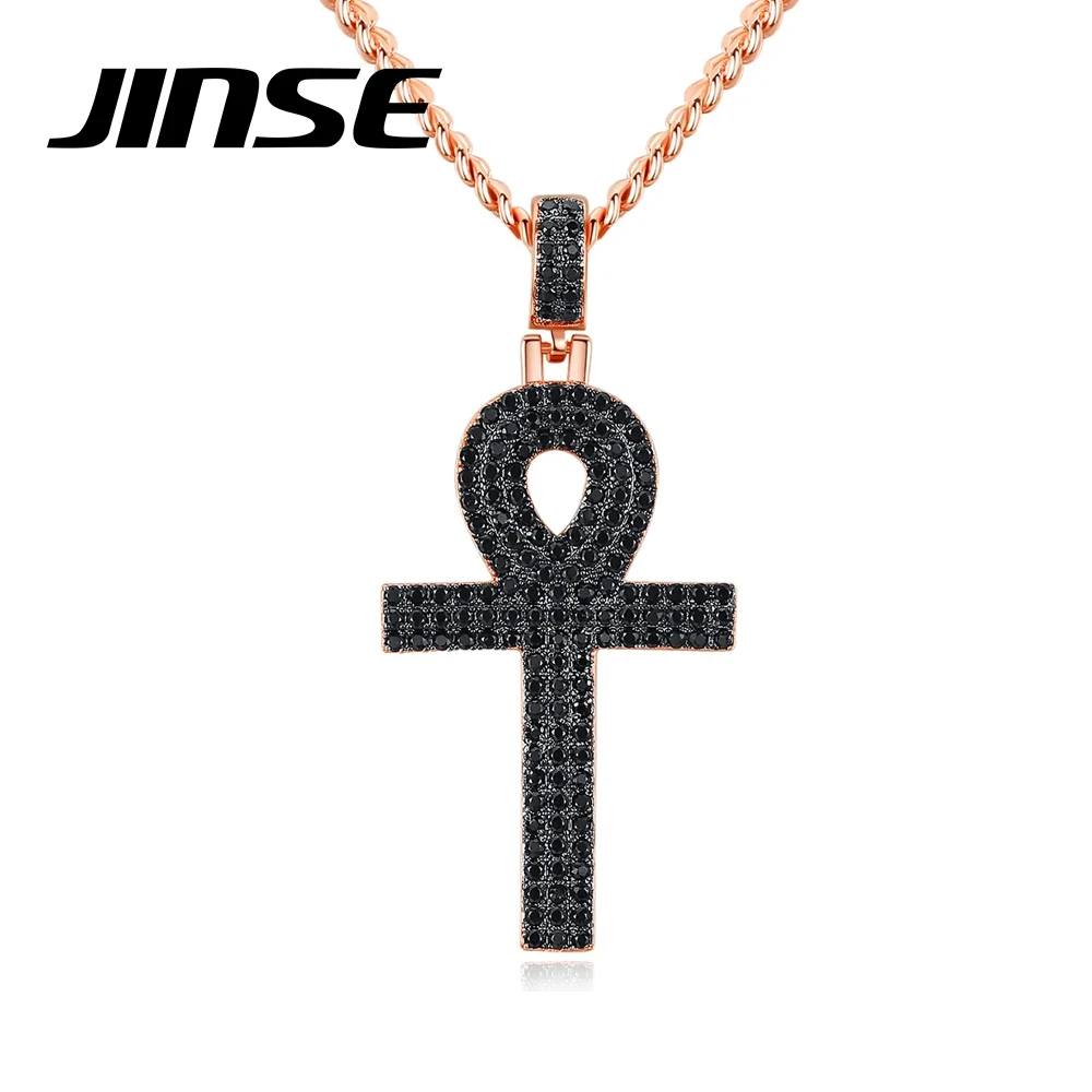 JINSE Religion Iced Out Cubic Zirconia Chain Egyption Crucifix Cross Pendant Necklaces for Men Symbol of Life Party Jewelry Gift