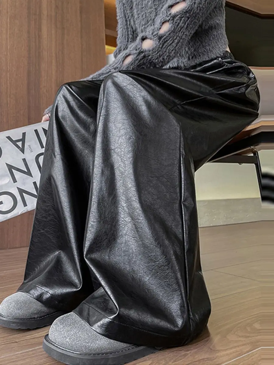 Black PU Leather Pants For Women In Autumn And Winter Retro High-End Loose Wide-Leg Pants Maillard Draped Casual Trousers