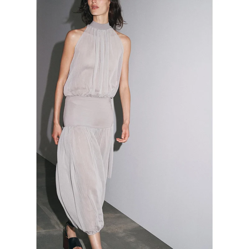 Summer New Women's Comfortable Casual One-Piece Dr Silk No-Sve Collar  Knot Polyester Fiber High Waist Long Pants
