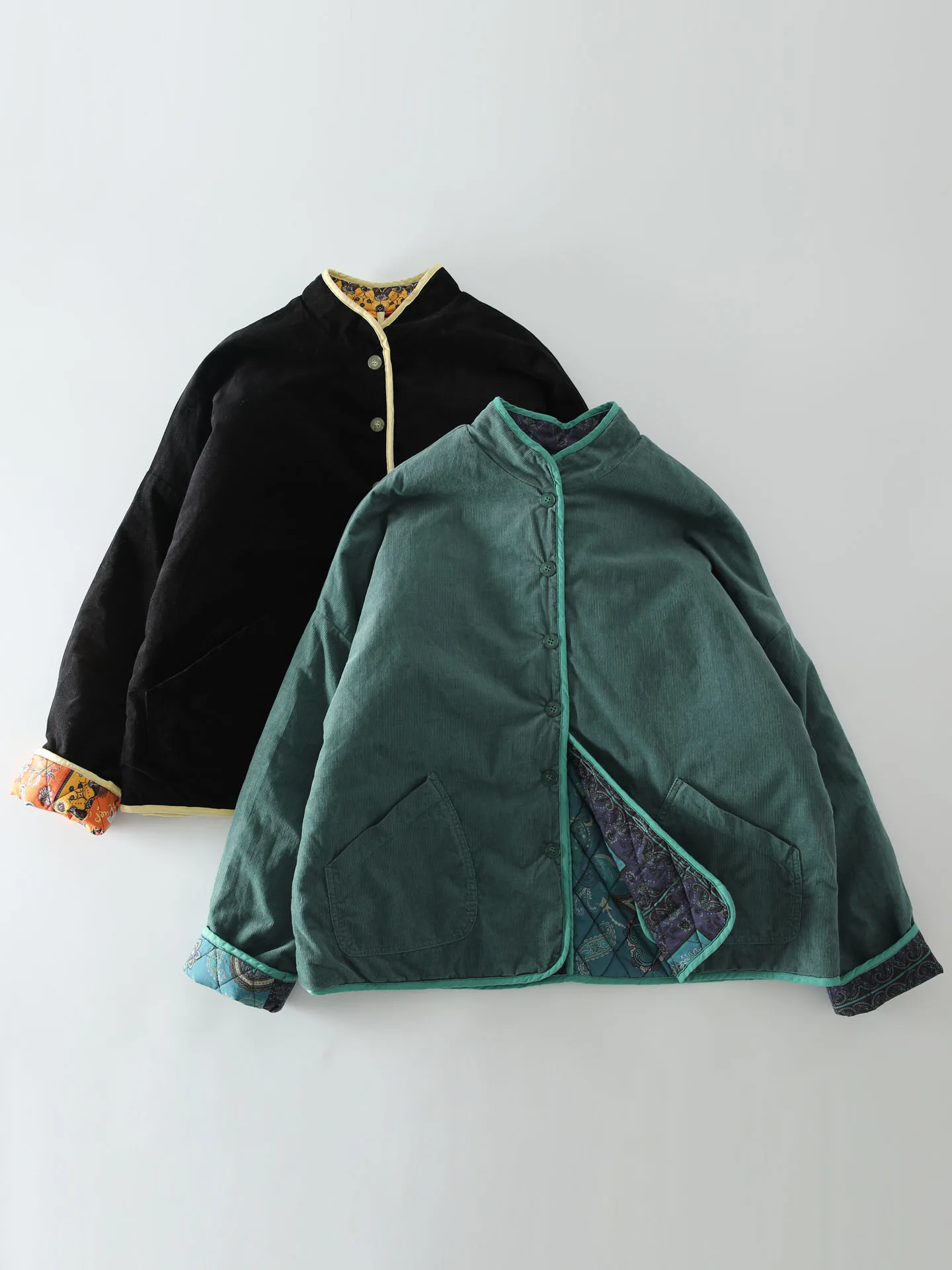 

Double-Sided Wear Cotton Jaet Retro Print Corduroy Stand Collar Women's Versatile Winter Outerwear Comfortable Breathable