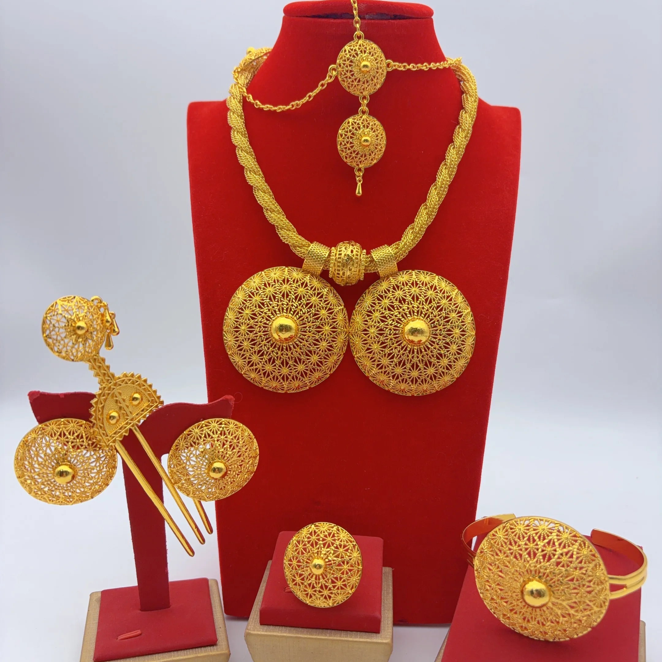 Dubai 24k vergoldetes 6-teiliges Schmuckset für Damen, afrikanisch-indisch-äthiopische große Anhänger-Halskette, Hochzeits-, Verlobungs- und Partygeschenke