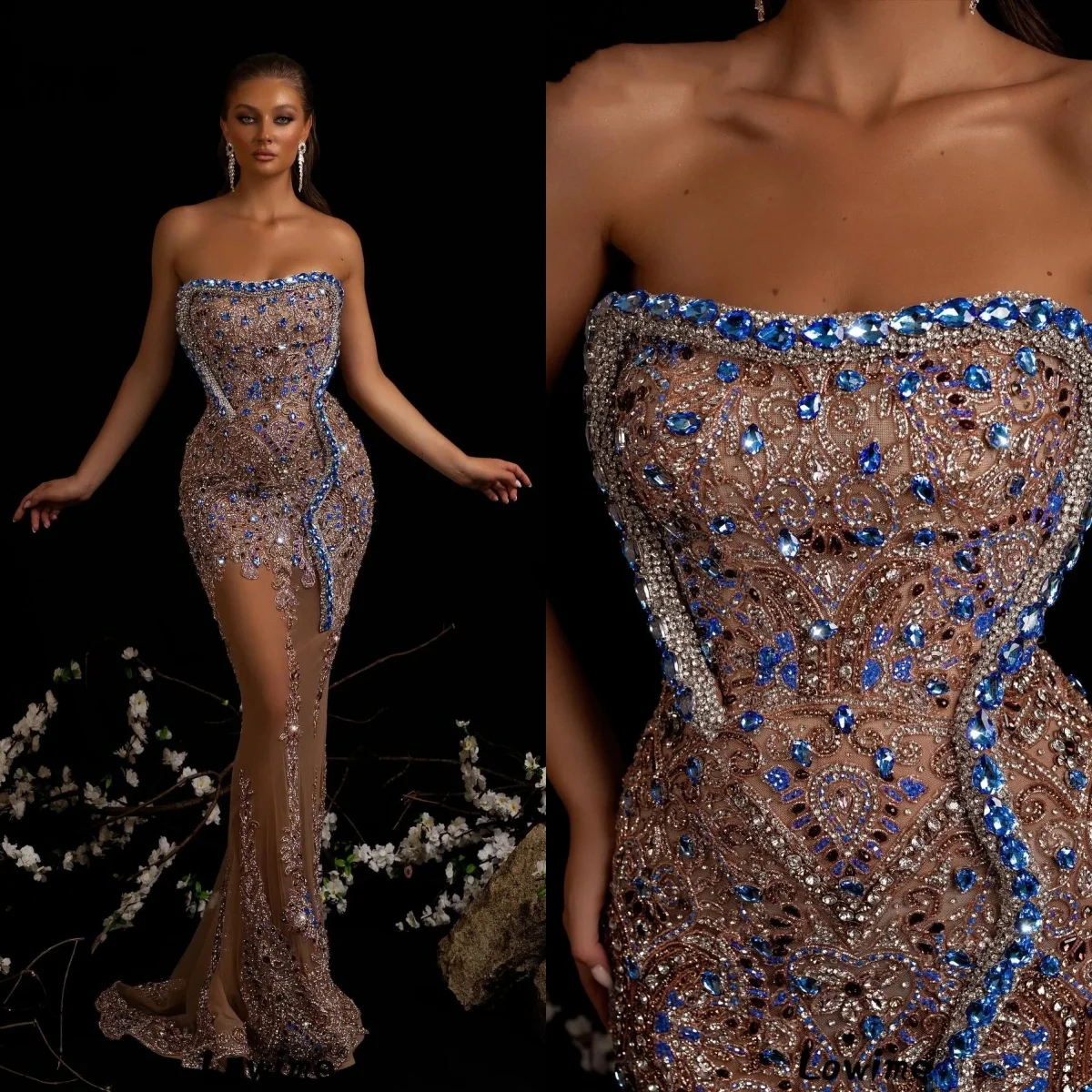 Glitzernde Abendkleider für Frauen, trägerloses, ärmelloses Kleid, Kristall-Pailletten, durchsichtiges Sweep-Zug-Kleid, individuelles Partykleid
