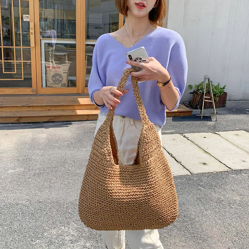 Handmade Lady Retro Chic Crochet Handbag 2021 Korean Fashion Knitted Braid Hollow Black Yellow Top-handle Tote Bag shopper sac