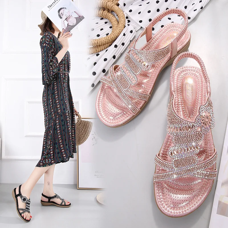 2023Lady Shoes Fashion Rhinestones Large Size Sandals Retro Flower Flat Beach Sandalias De Mujer Female Comfortable Footwear