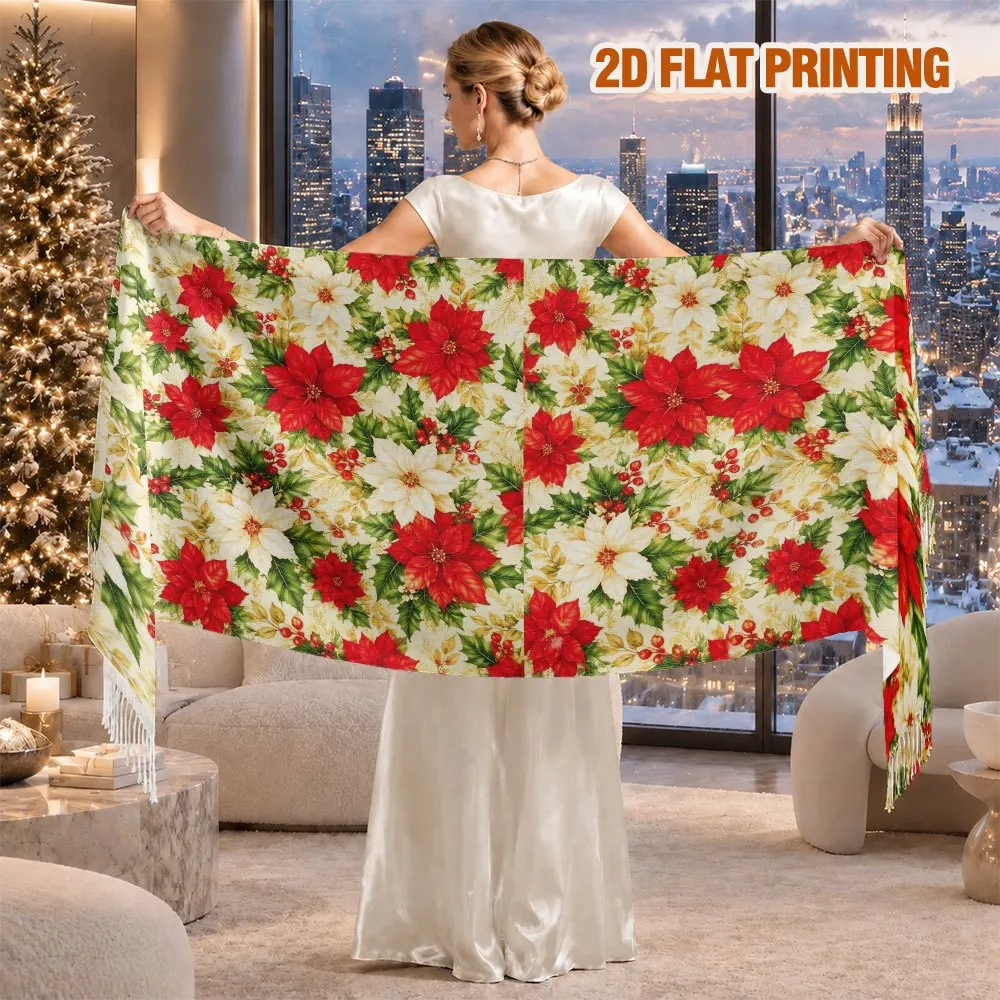 1pc Women's Poinsettia Flowers Festive Holiday Art Pattern Tassel Shawl Scarf, Soft Elegant Accessory, Great for Coats Knitwear