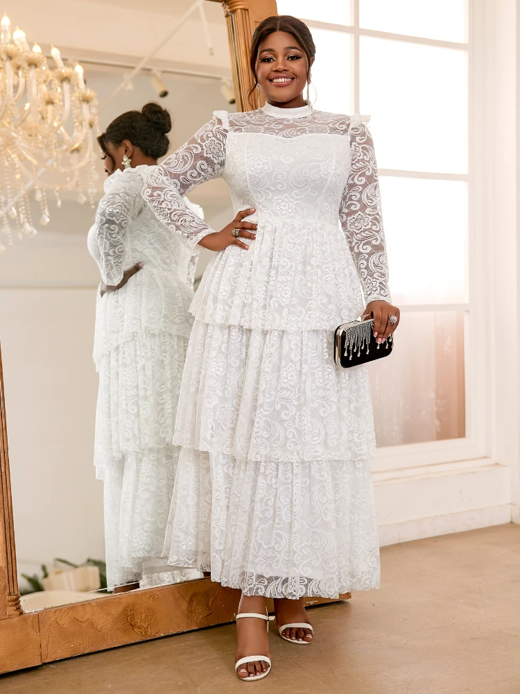 White Lace Cake Dresses for Women Half High Collar See Through Long Sleeves Empire A Line Vintage Elegant Holiday Fashion Gowns