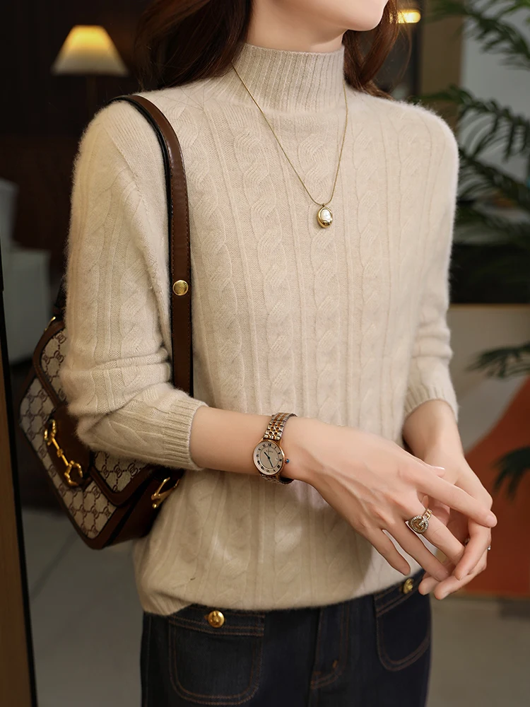 

Merino 100% Wool Women's Semi High Neck Twisted Flower Texture Autumn Winter Thick Casual Fashionable Knitted Cashmere Sweater