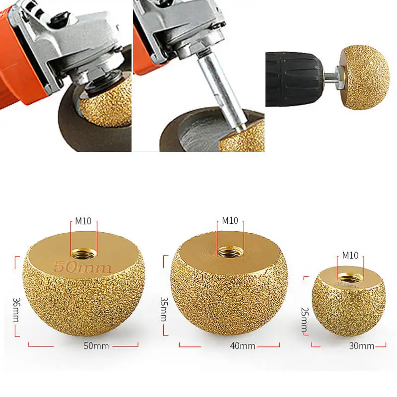 Strumento abrasivo a testa tonda brasata diamantata da 30-50mm per molatura ad arco interno M10 di pietre strumento per incisione testa a fungo