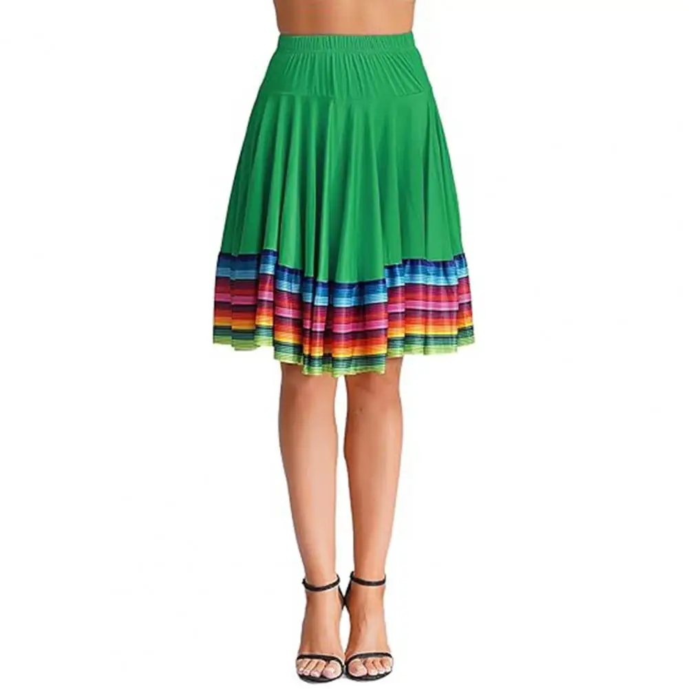 2025 Womens Folk Dance Skirt Elastic High Waist Spanish Swing Skirt Rainbow Large Swing Hem Mexican Flamenco Skirt